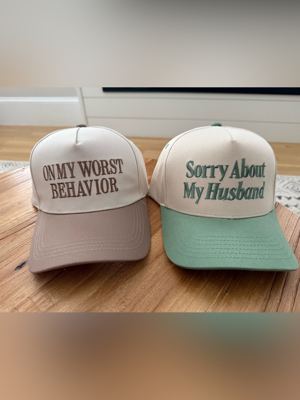 Embroidered Cream & Sage Baseball Cap - 'Sorry Husband' & 'My Worst Behavior'
